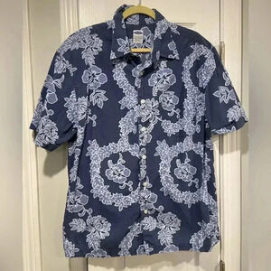 Old Navy Men’s Blue Hibiscus Hawaiian Print Blue Short Sleeve Button Down Size L